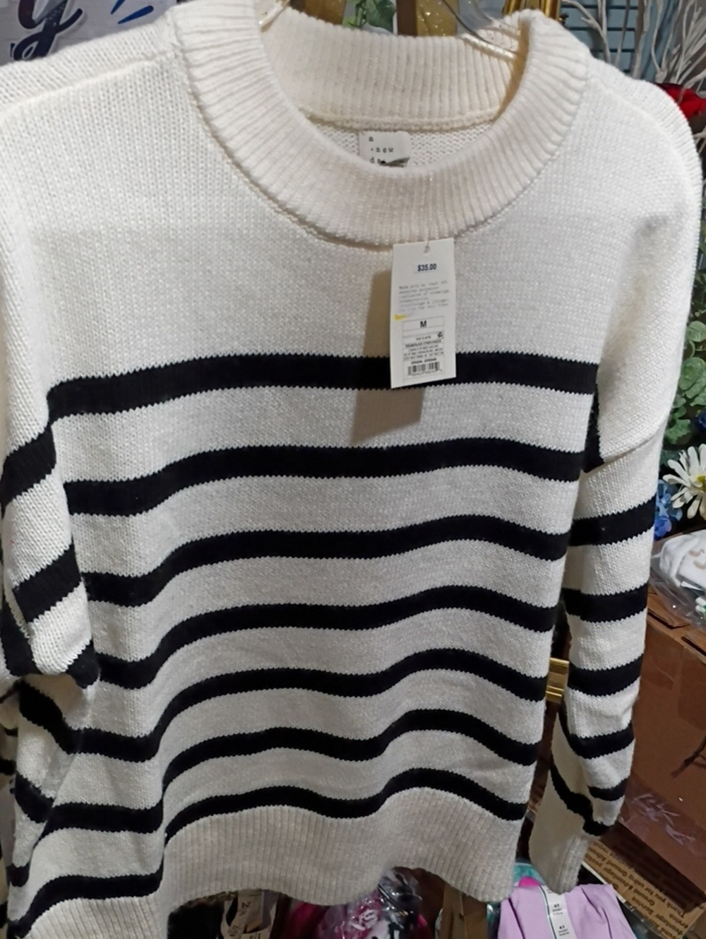 a new day Cream and Black Striped Crewneck Sweater